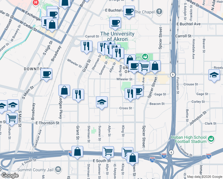 map of restaurants, bars, coffee shops, grocery stores, and more near 311 Sterling Court in Akron