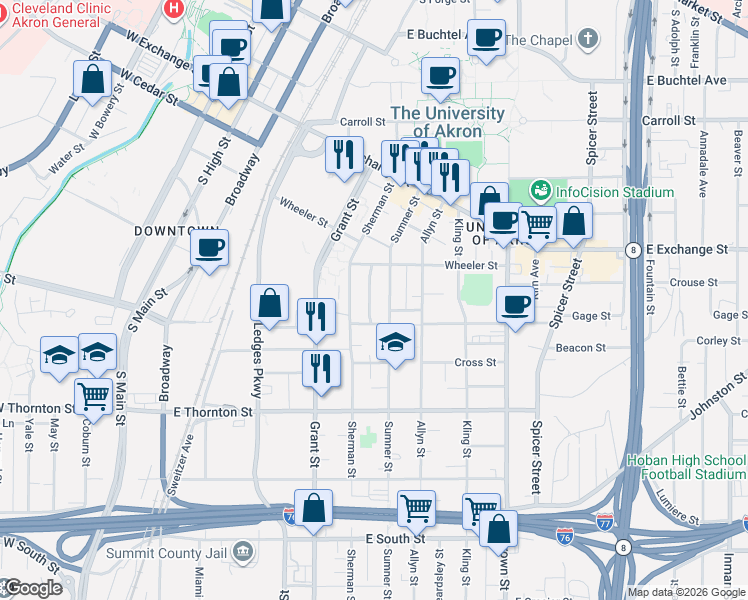 map of restaurants, bars, coffee shops, grocery stores, and more near 490 Rentschler Street in Akron