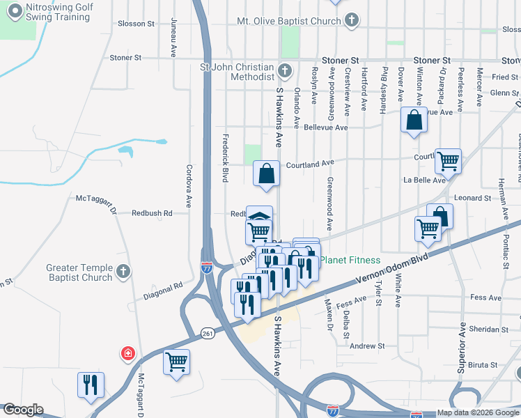 map of restaurants, bars, coffee shops, grocery stores, and more near 1271 Redbush Road in Akron