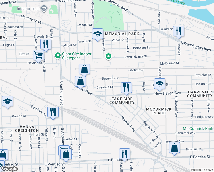 map of restaurants, bars, coffee shops, grocery stores, and more near in Fort Wayne