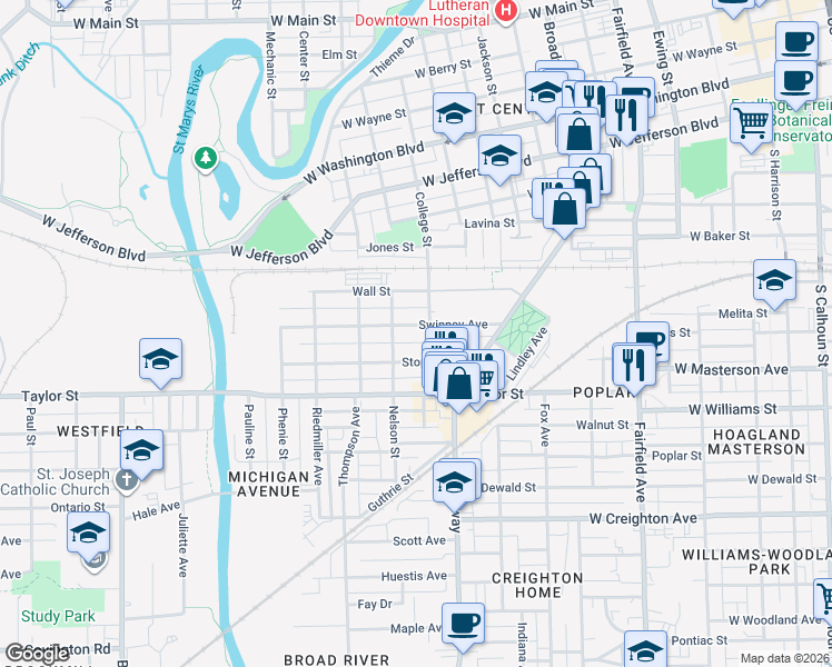 map of restaurants, bars, coffee shops, grocery stores, and more near 1752 College Street in Fort Wayne