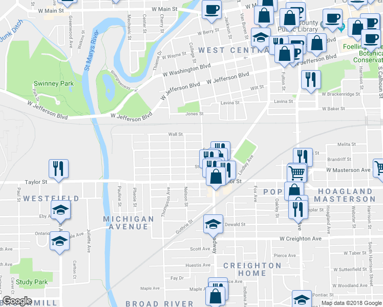 map of restaurants, bars, coffee shops, grocery stores, and more near 1302 Swinney Avenue in Fort Wayne