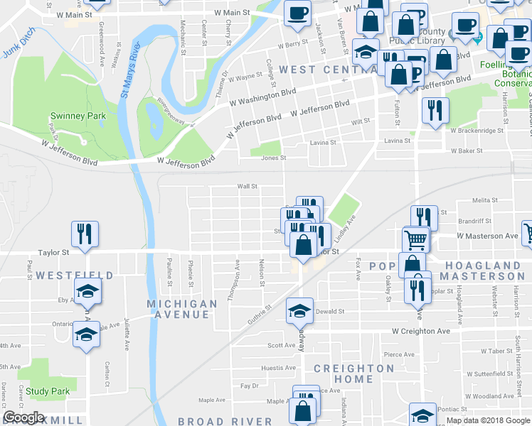 map of restaurants, bars, coffee shops, grocery stores, and more near 1302 Swinney Avenue in Fort Wayne