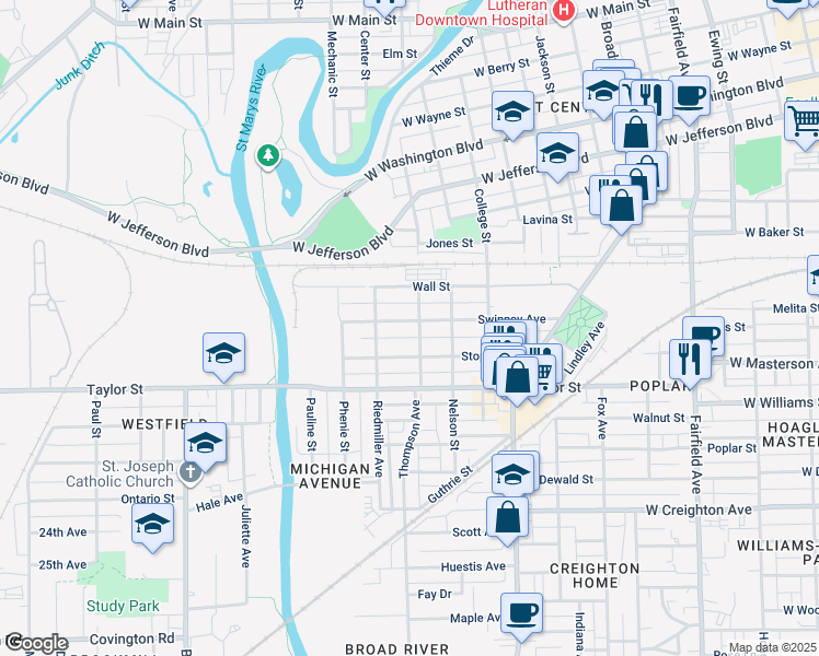 map of restaurants, bars, coffee shops, grocery stores, and more near 1414 Swinney Avenue in Fort Wayne