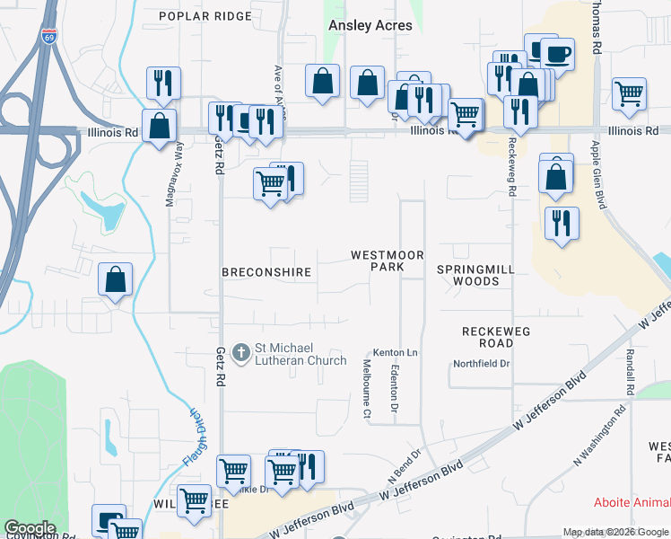 map of restaurants, bars, coffee shops, grocery stores, and more near 5406-5410 Curry Ford Lane in Fort Wayne