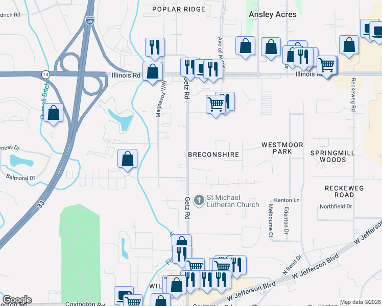 map of restaurants, bars, coffee shops, grocery stores, and more near 1706 Getz Road in Fort Wayne