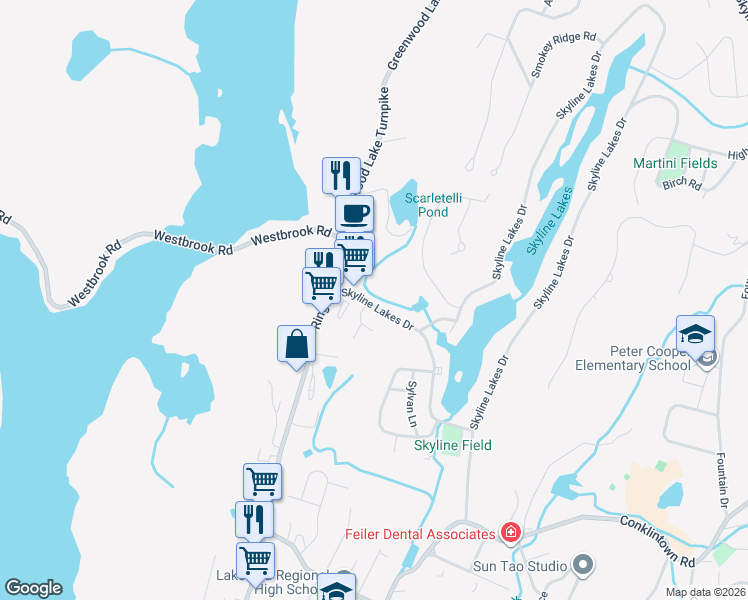 map of restaurants, bars, coffee shops, grocery stores, and more near 22 Skyline Lakes Drive in Ringwood