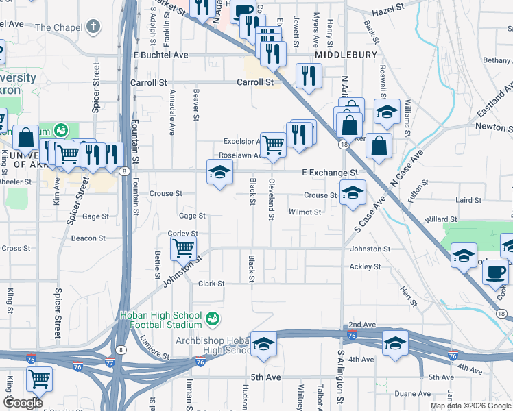 map of restaurants, bars, coffee shops, grocery stores, and more near 314 Black Street in Akron