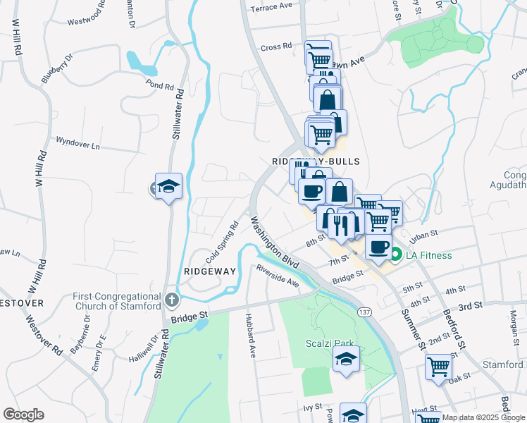 map of restaurants, bars, coffee shops, grocery stores, and more near 20 Paragon Lane in Stamford