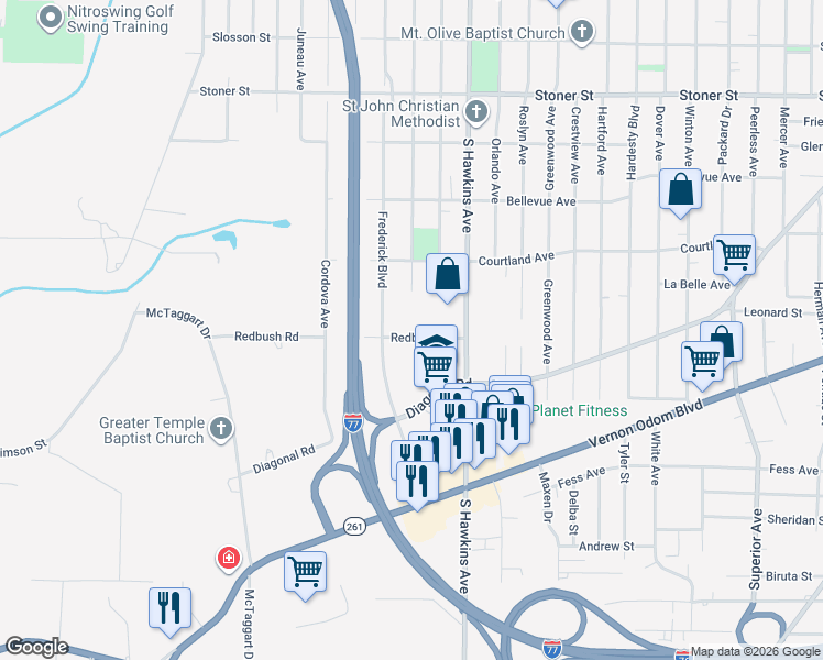 map of restaurants, bars, coffee shops, grocery stores, and more near 1271 Redbush Road in Akron