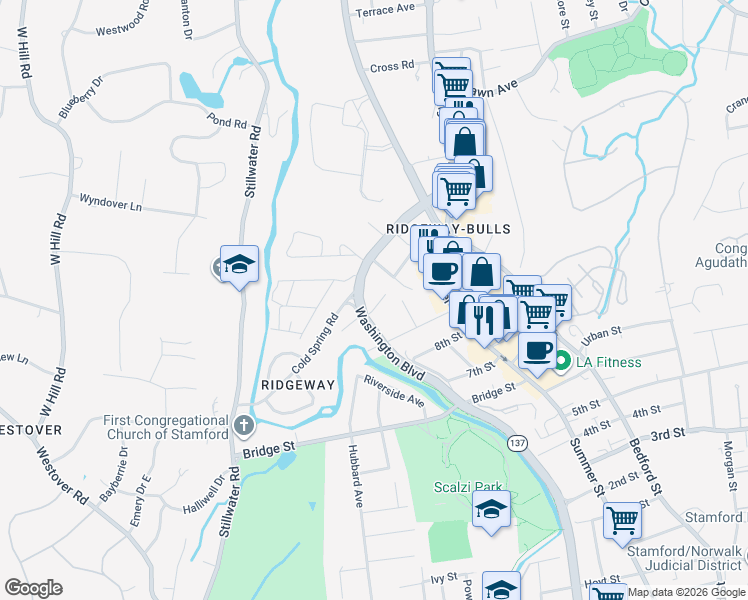 map of restaurants, bars, coffee shops, grocery stores, and more near 20 Paragon Lane in Stamford
