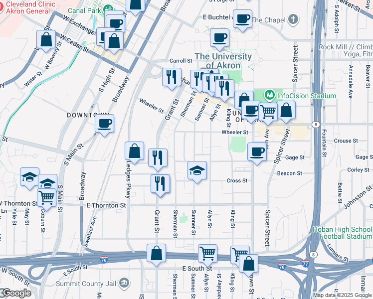 map of restaurants, bars, coffee shops, grocery stores, and more near 490 Rentschler Street in Akron