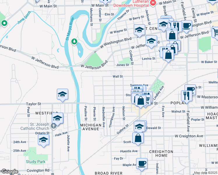map of restaurants, bars, coffee shops, grocery stores, and more near 1414 Swinney Avenue in Fort Wayne