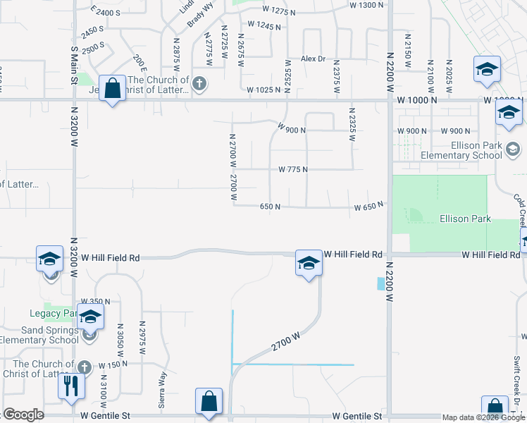 map of restaurants, bars, coffee shops, grocery stores, and more near 2595 West 650 North in Layton