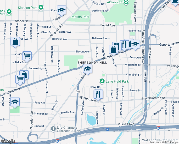 map of restaurants, bars, coffee shops, grocery stores, and more near 1055 East Avenue in Akron