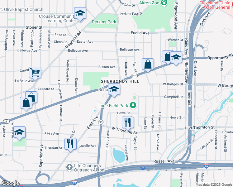 map of restaurants, bars, coffee shops, grocery stores, and more near 1055 East Avenue in Akron