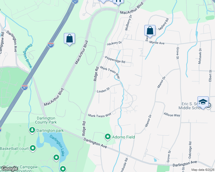 map of restaurants, bars, coffee shops, grocery stores, and more near 303 Linden Street in Mahwah