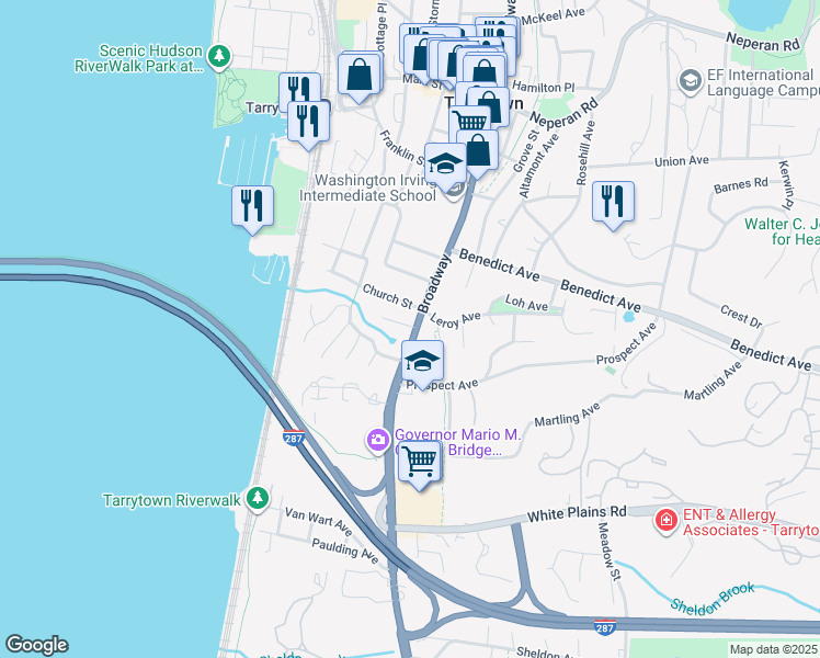 map of restaurants, bars, coffee shops, grocery stores, and more near 205 Broadway in Tarrytown