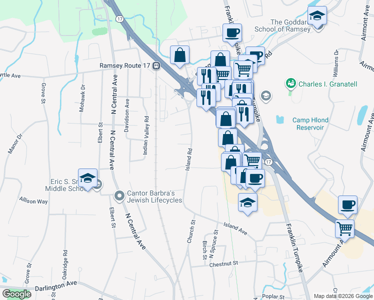 map of restaurants, bars, coffee shops, grocery stores, and more near 450 Island Road in Ramsey