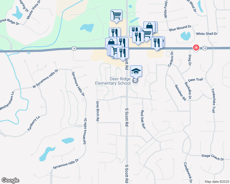 map of restaurants, bars, coffee shops, grocery stores, and more near 1521 Spring Cress Road in Fort Wayne