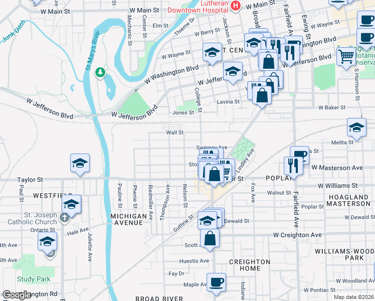 map of restaurants, bars, coffee shops, grocery stores, and more near 1235 Swinney Avenue in Fort Wayne