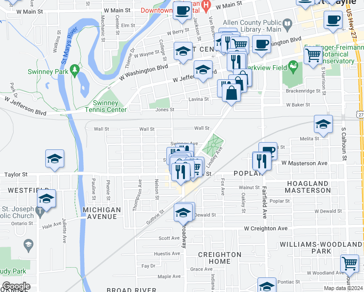 map of restaurants, bars, coffee shops, grocery stores, and more near 1057 Swinney Avenue in Fort Wayne