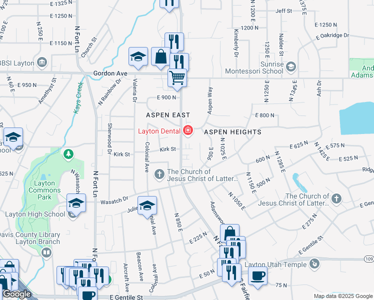 map of restaurants, bars, coffee shops, grocery stores, and more near 704 North Fairfield Road in Layton