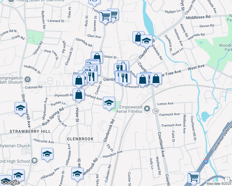 map of restaurants, bars, coffee shops, grocery stores, and more near in Stamford