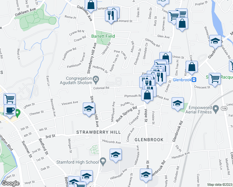 map of restaurants, bars, coffee shops, grocery stores, and more near 112 Colonial Road in Stamford