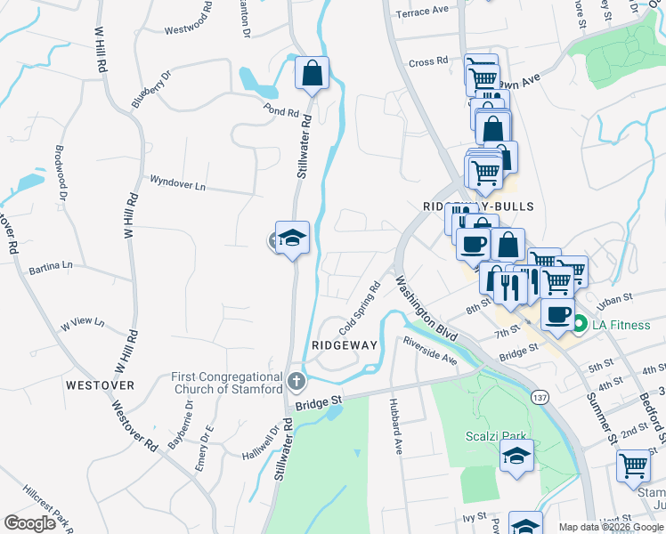 map of restaurants, bars, coffee shops, grocery stores, and more near 58 Travis Avenue in Stamford