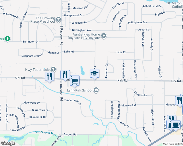 map of restaurants, bars, coffee shops, grocery stores, and more near 3060 Evelyn Road in Youngstown