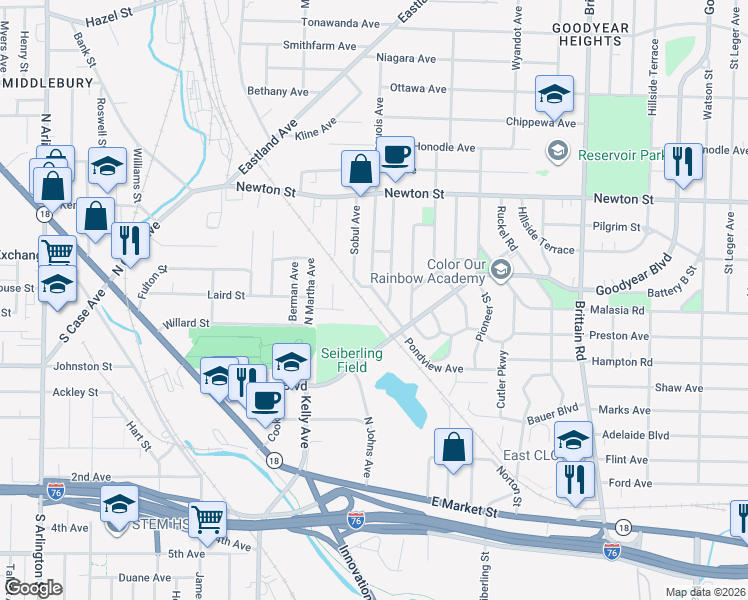 map of restaurants, bars, coffee shops, grocery stores, and more near 1256 Pondview Avenue in Akron