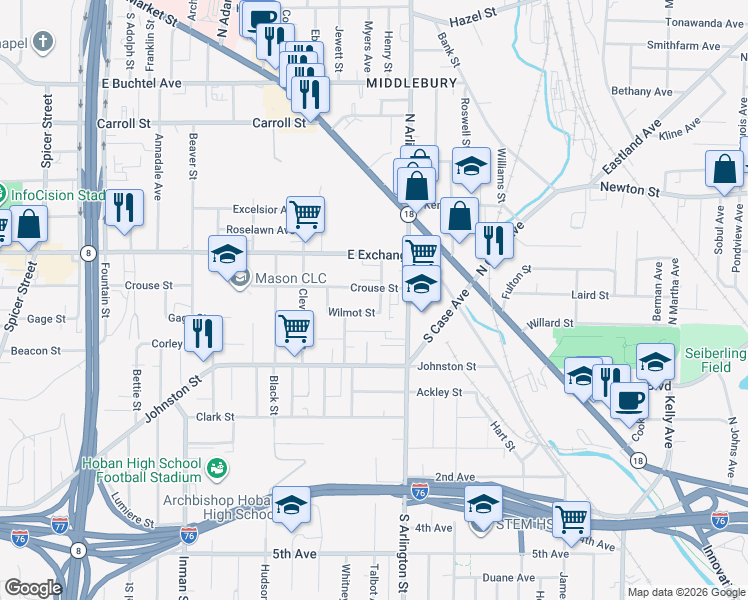 map of restaurants, bars, coffee shops, grocery stores, and more near 78 Forrest Street in Akron