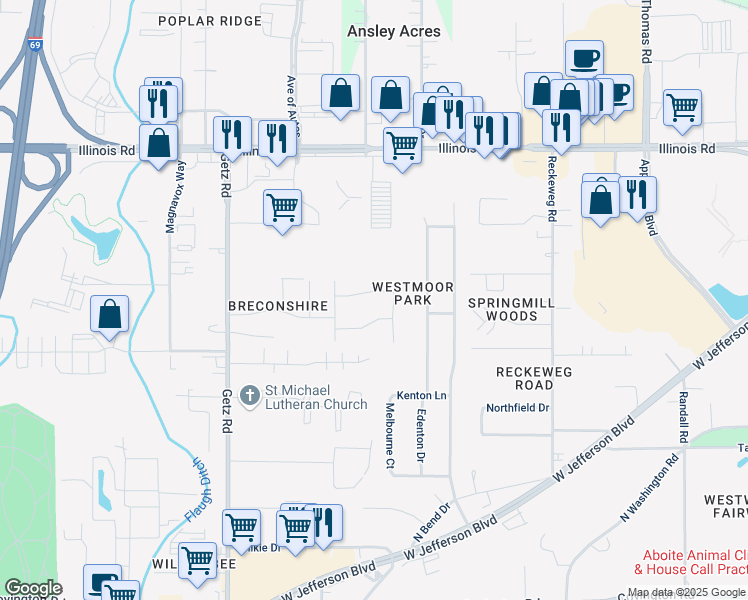 map of restaurants, bars, coffee shops, grocery stores, and more near 5406-5410 Curry Ford Lane in Fort Wayne