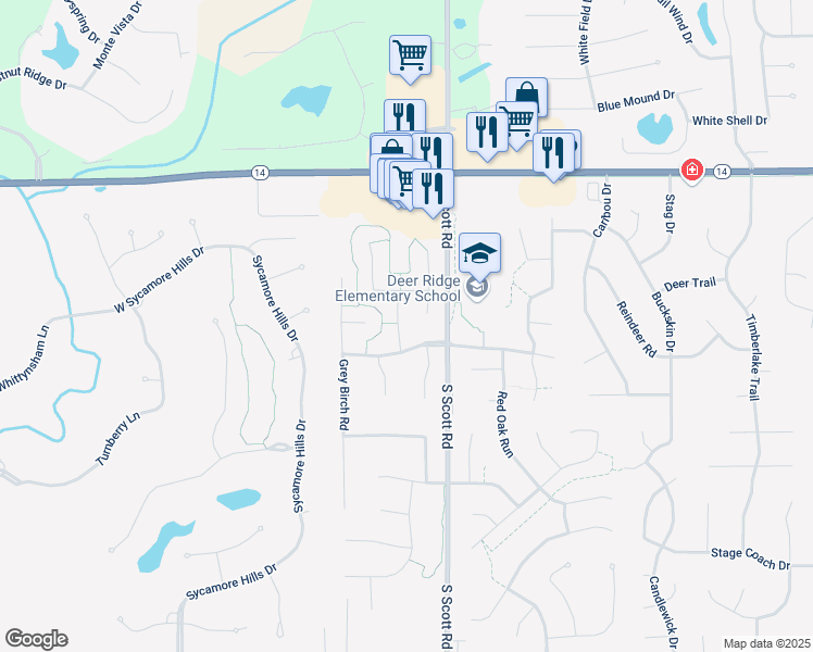 map of restaurants, bars, coffee shops, grocery stores, and more near 1521 Spring Cress Road in Fort Wayne
