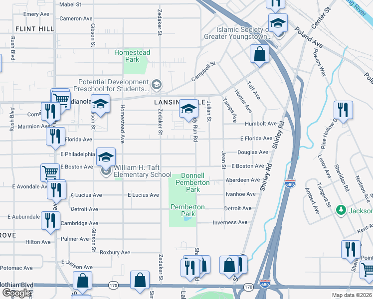 map of restaurants, bars, coffee shops, grocery stores, and more near 939 East Florida Avenue in Youngstown