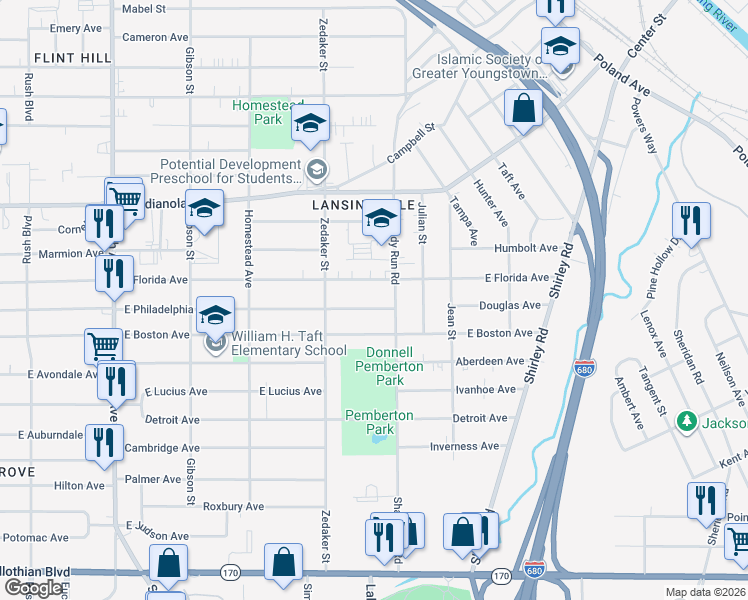 map of restaurants, bars, coffee shops, grocery stores, and more near 939 East Florida Avenue in Youngstown
