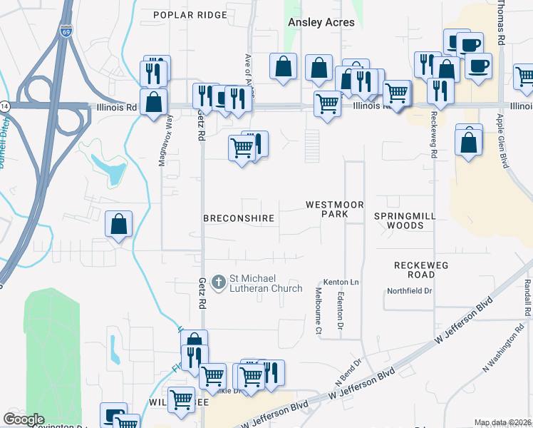 map of restaurants, bars, coffee shops, grocery stores, and more near 1622 Briar Fence Lane in Fort Wayne