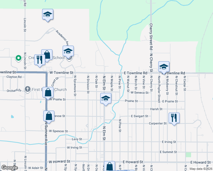 map of restaurants, bars, coffee shops, grocery stores, and more near 201-299 West Buckeye Street in Creston