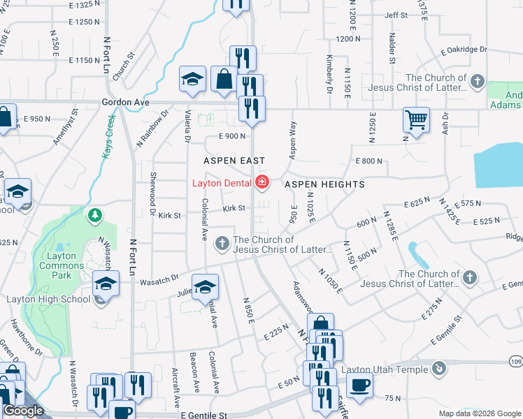 map of restaurants, bars, coffee shops, grocery stores, and more near 704 North Fairfield Road in Layton