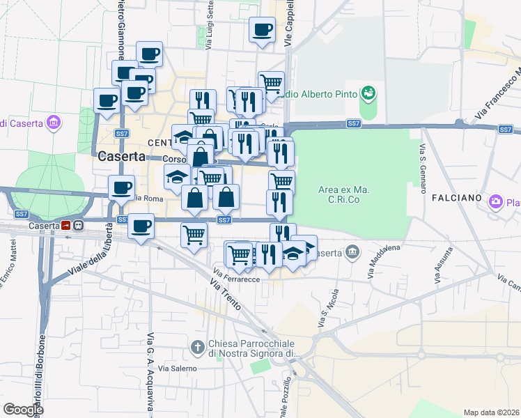 map of restaurants, bars, coffee shops, grocery stores, and more near 143 Via Roma in Caserta