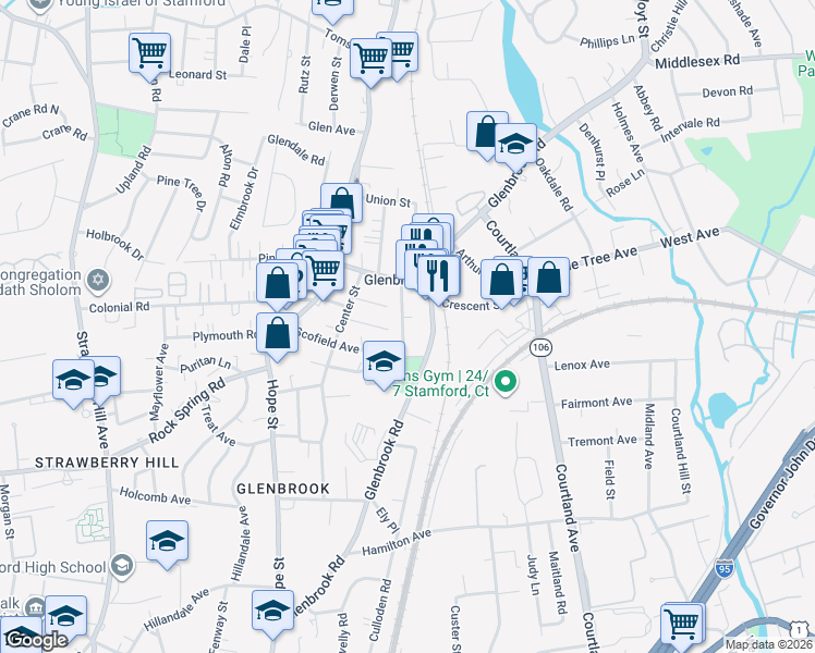 map of restaurants, bars, coffee shops, grocery stores, and more near in Stamford