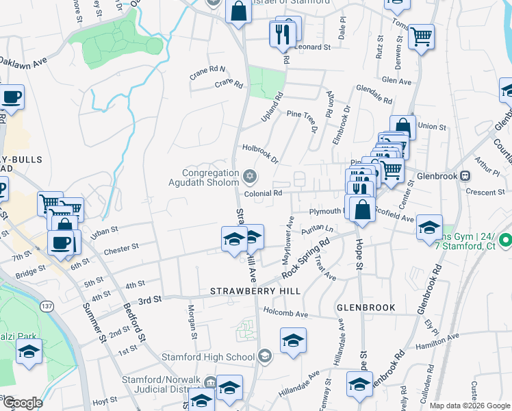 map of restaurants, bars, coffee shops, grocery stores, and more near 168 Colonial Road in Stamford