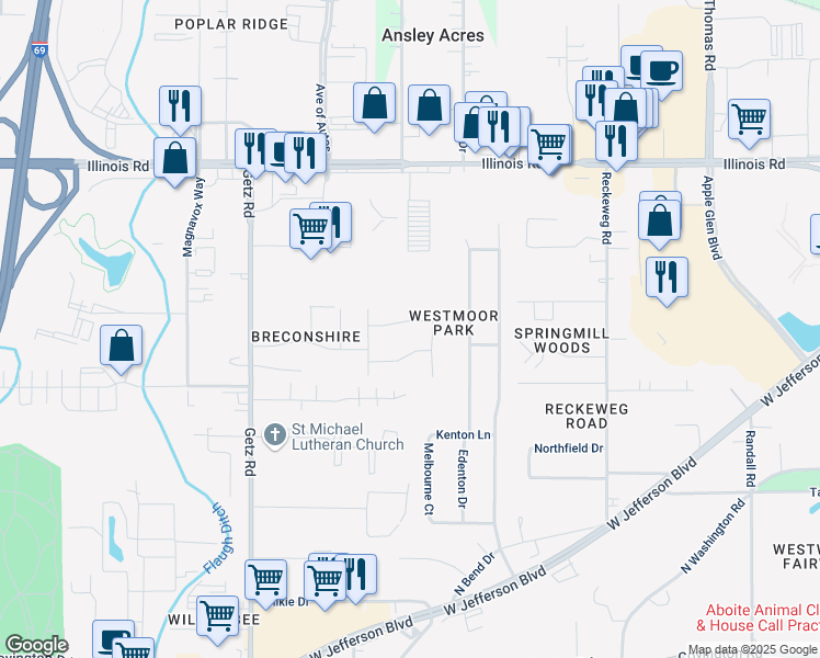 map of restaurants, bars, coffee shops, grocery stores, and more near 5406-5410 Curry Ford Lane in Fort Wayne