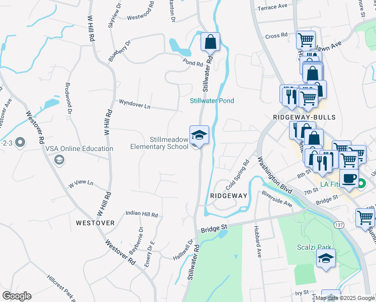 map of restaurants, bars, coffee shops, grocery stores, and more near 800 Stillwater Road in Stamford