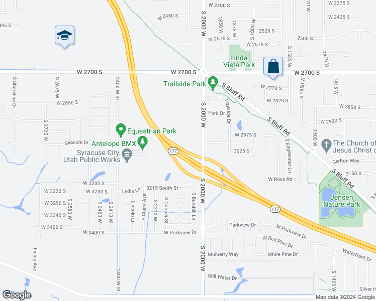 map of restaurants, bars, coffee shops, grocery stores, and more near 3034 South 2000 West in Syracuse