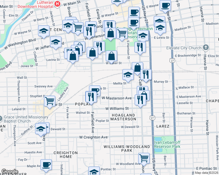 map of restaurants, bars, coffee shops, grocery stores, and more near 1713 Hoagland Avenue in Fort Wayne