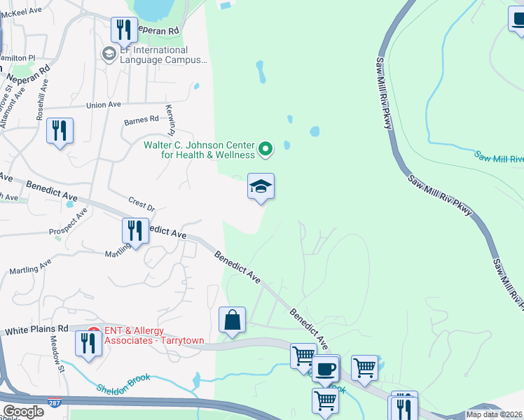 map of restaurants, bars, coffee shops, grocery stores, and more near 293 Benedict Avenue in Tarrytown