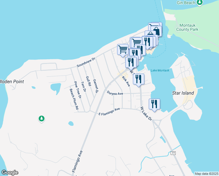 map of restaurants, bars, coffee shops, grocery stores, and more near 322 Flamingo Avenue in Montauk