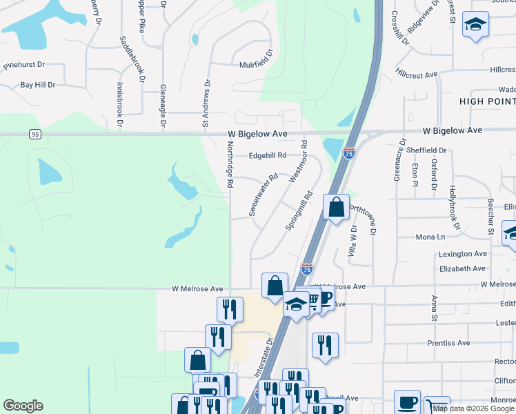 map of restaurants, bars, coffee shops, grocery stores, and more near 2507 Sweetwater Road in Findlay